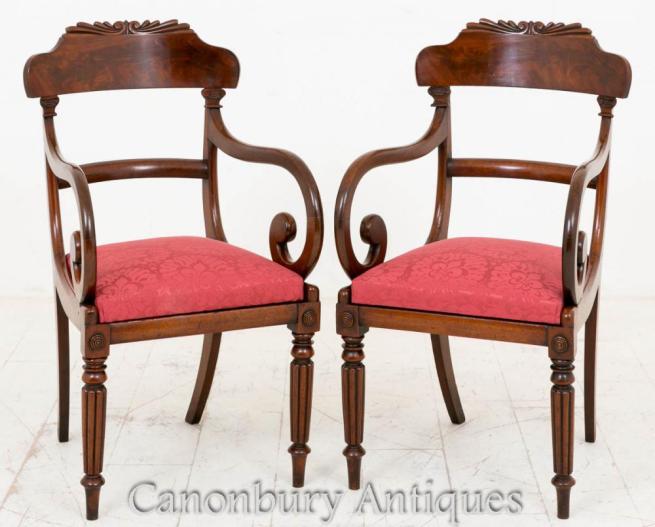 Pair William IV Arm Chairs Mahogany Carvers