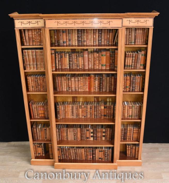 Regency Satinwood Open Bookcase Sheraton Inlay Breakfront Bookcases