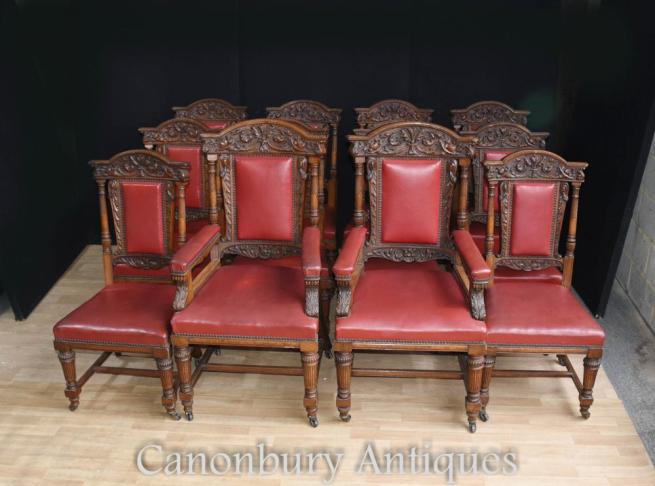 Set 12 Antique Oak Carved Dining Chairs in Gillows Manner 1870