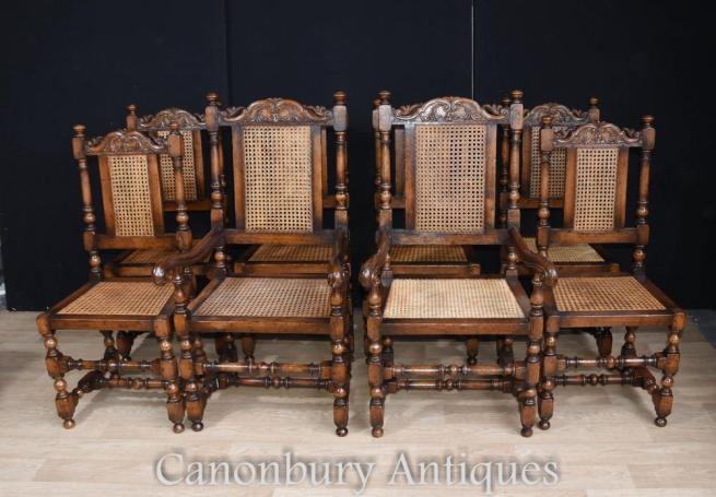 Set 8 French Oak Dining Chairs Hunting Style Farmhouse