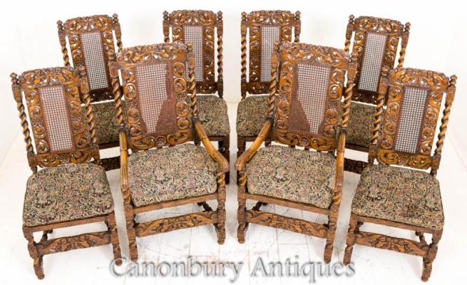 Set 8 Oak Jacobean Dining Chairs Farmhouse Furniture 1880