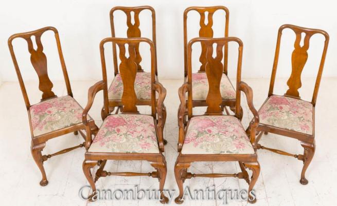 Set 8 Walnut Queen Anne Dining Chairs