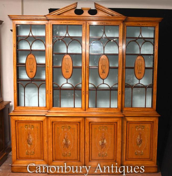 Sheraton Painted Satinwood Breakfront Bookcase Cabinet Regency