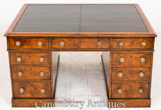 Victorian Burr Walnut Partners Desk 1860