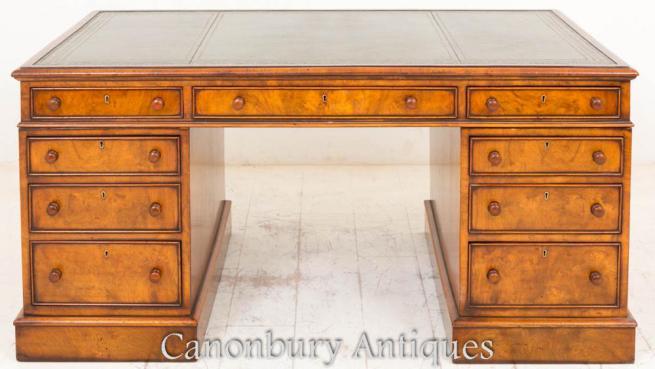 Victorian Burr Walnut Partners Desk Circa 1860