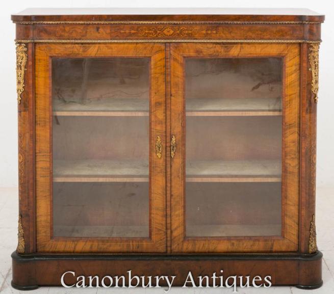 Victorian Burr Walnut Pier Cabinet Display Case 1860