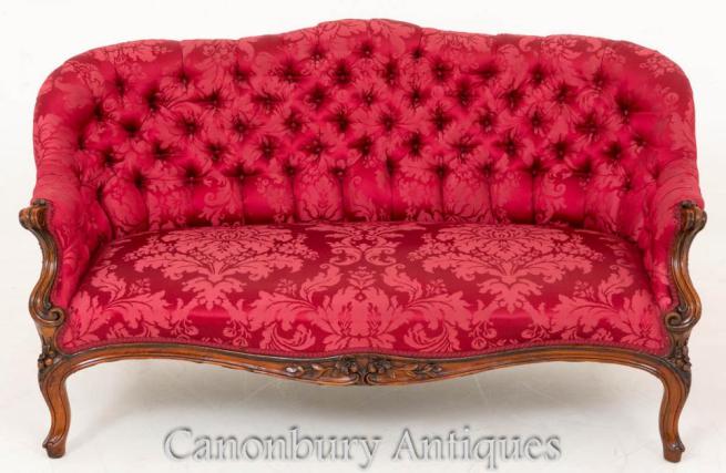 Victorian Walnut Deep Button Settee Couch 1860
