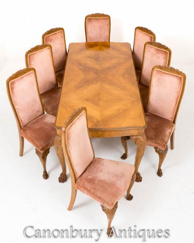 Walnut Queen Anne Dining Table and Chair Set Suite