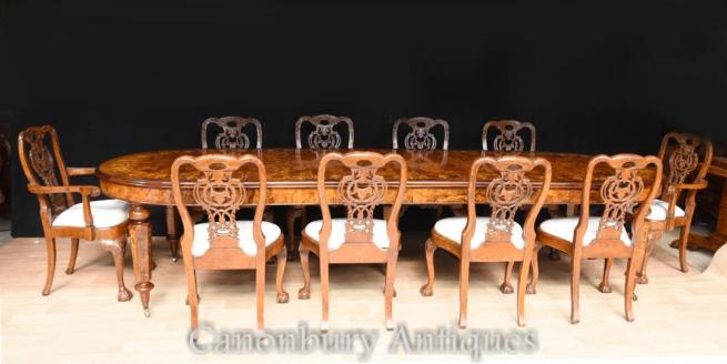 Walnut Victorian Dining Set Inlay Table George II Chairs Suite