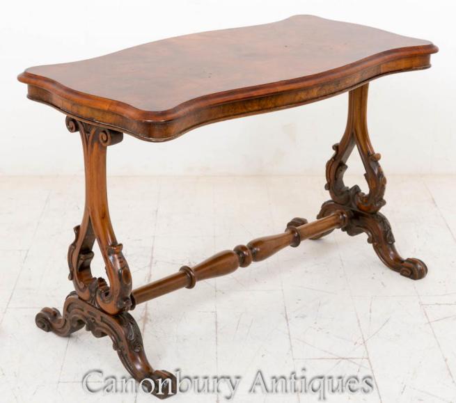 Walnut Victorian Stretcher Table Serpentine Side