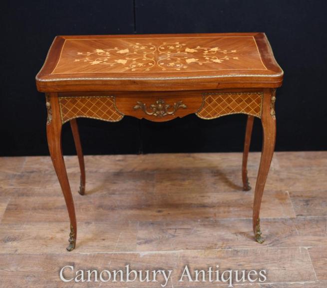 Antique French Empire Card Games Table Marquetry Inlay