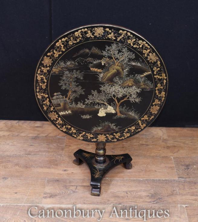 Chinese Black Lacquer Side Table Chinoiserie