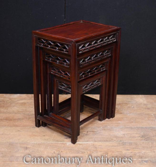 Chinese Hard Wood Nest of Tables Carved Side Table