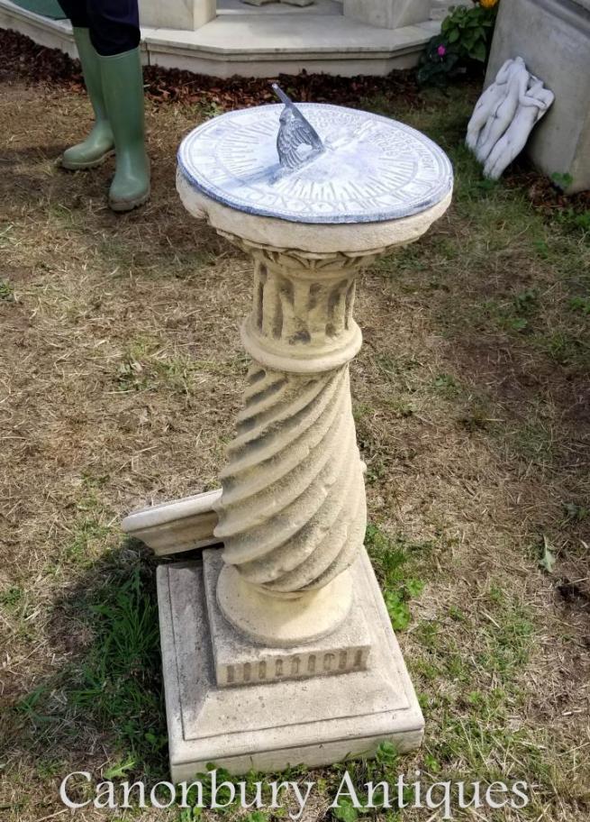 English Stone Barley Twist Sun Dial Bird Bath