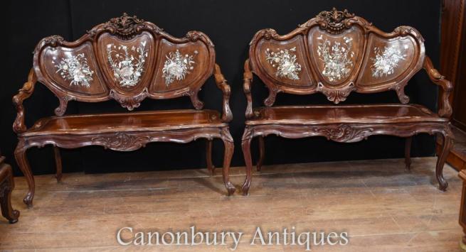 Pair Antique Chinese Antique Love Seats Mother of Pearl Benches