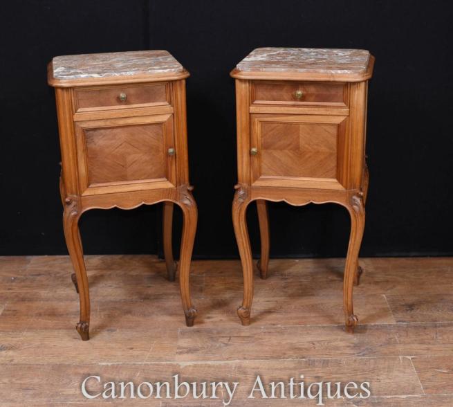 Pair French Antique Bedside Chests Nightstands Parquetry