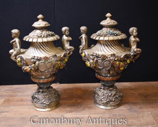 Pair French Art Nouveau Antique Bronze Garden Urns Vases Cherub
