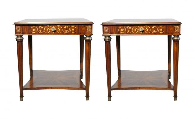 Pair French Empire Marquetry Inlay Side Tables