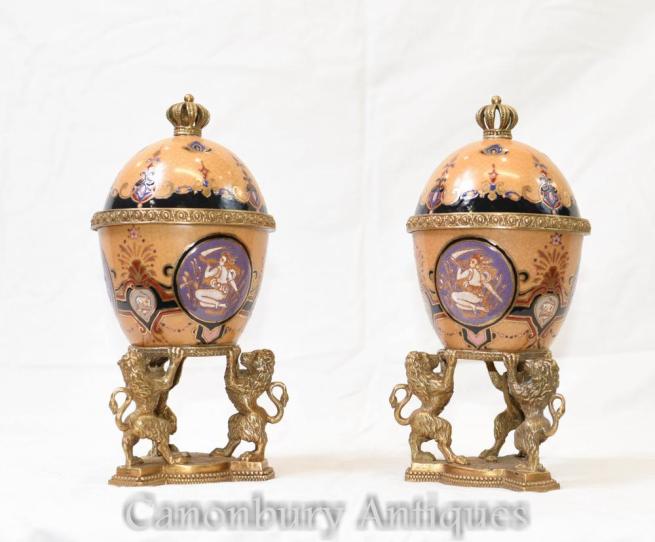 Pair French Empire Porcelain Urns Vases Lidded Lions