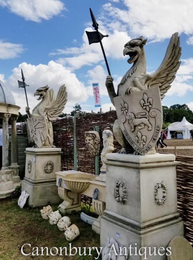 Pair Giant Stone Griffins Gryphons English Garden Statue