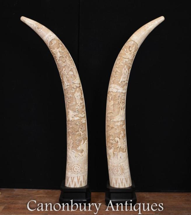 Pair Large Chinese Hand Carved Bone Tusk Displays Architectural
