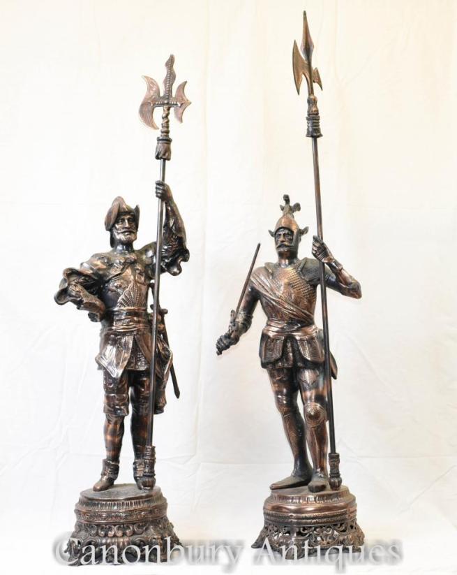 Pair Metal Spelter English Knight Statues Castle Chic Soldiers