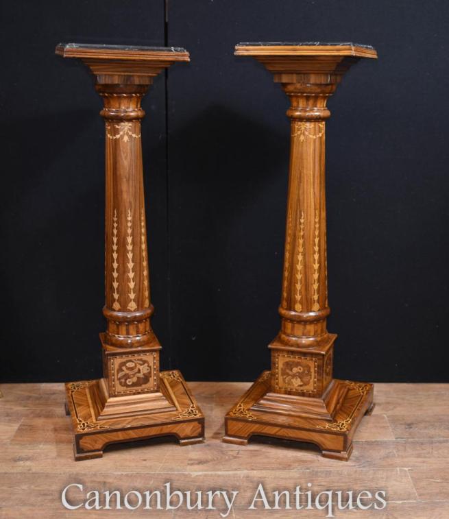 Pair Regency Pedestal Stand Columns Marquetry Inlay