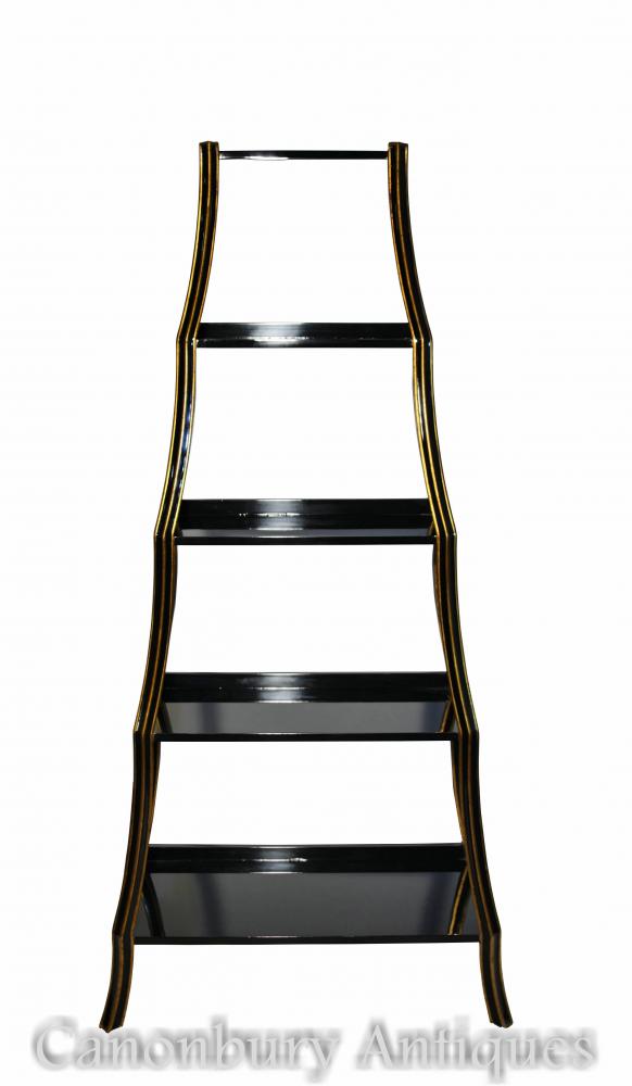 Regency Black Lacquer Etagere Bookcase Shelf Unit