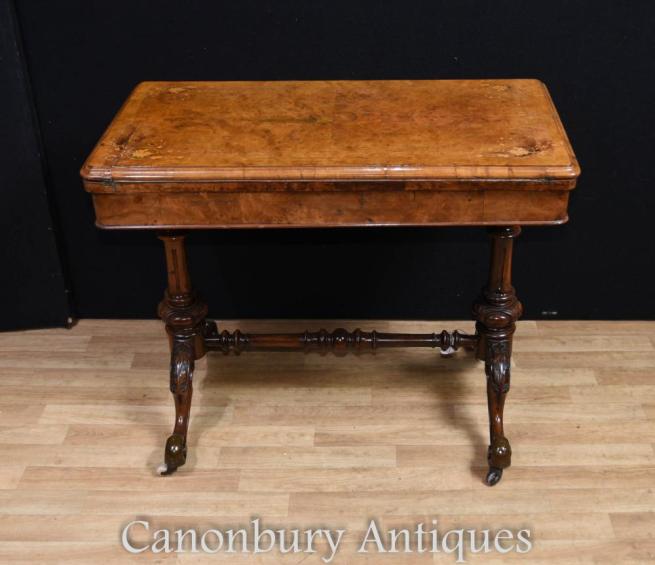 Victorian Burr Walnut Card Games Table Side