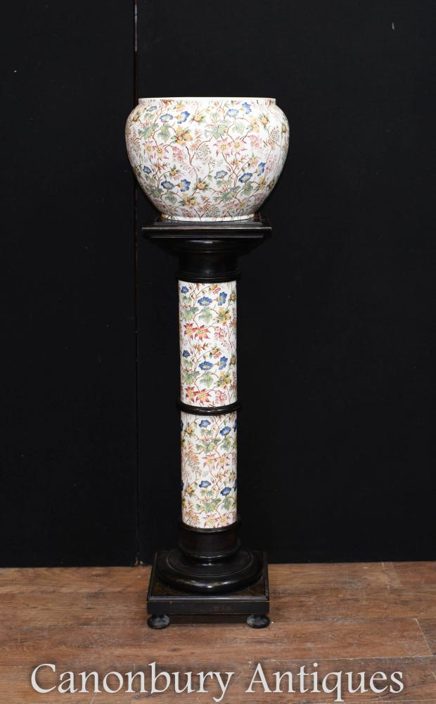 Victorian Floral Porcelain Planter on Column Pedestal Stand
