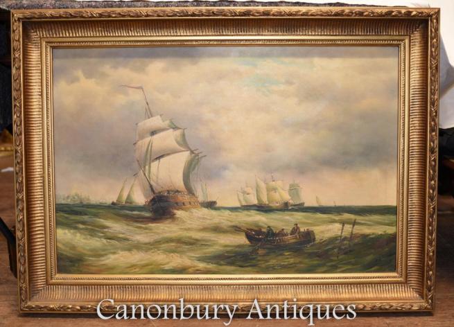 Victorian Oil Painting Seascape Maritime Galleon Ship Signed A Hess