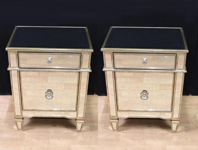 Pair Art Deco Mirrored Bedside Cabinets Nighstands