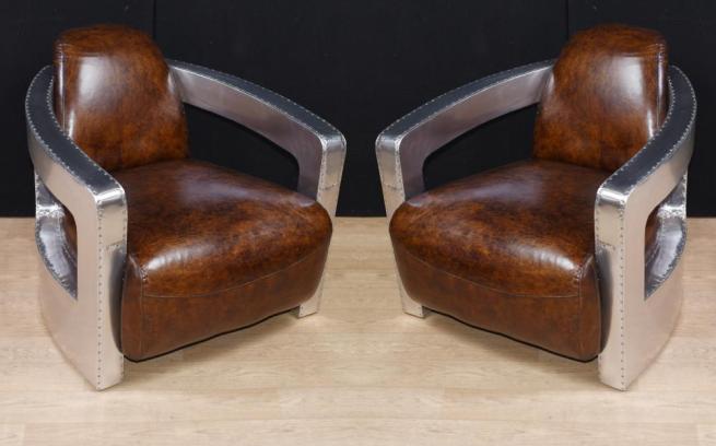 Pair Aviator Art Deco Club Chairs Chrome Leather Arm