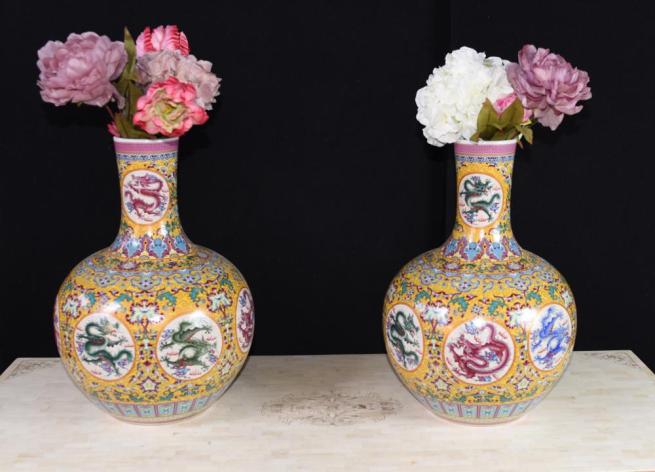 Pair Chinese Ming Dragon Vases Urns Famille Rose Shangping Form
