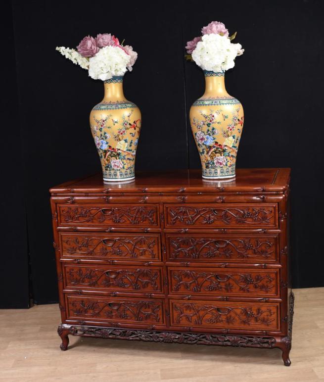 Pair Large Hand Carved Chinese Commodes Chests of Drawers