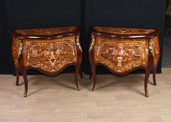 Pair Louis XVI Bombe Commodes Marquetry Chest Drawers