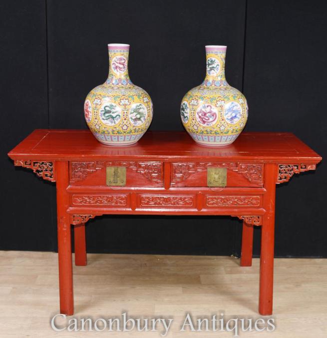 Antique Chinese Red Lacquer Cinnabar Temple Table Altar