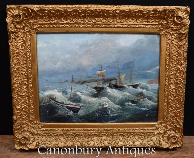 French Oil Painting Stormy Seas Maritime Seascape