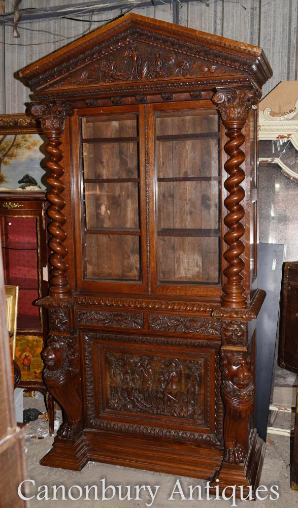 Large English Antique Carved Bookcase Cabinet Circa 1860