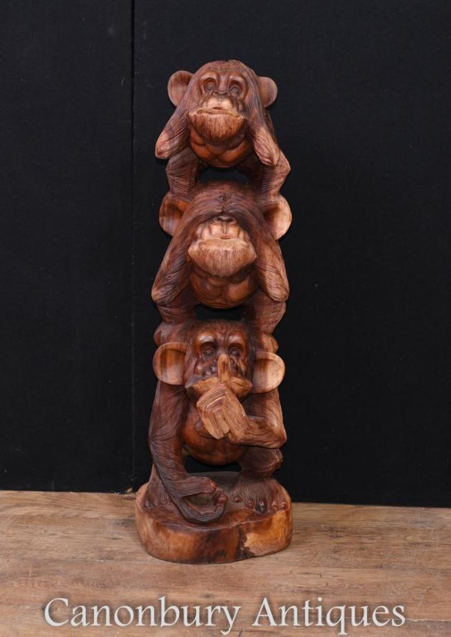 Large Monkey Carving See Hear Speak No Evil Chimp Ape