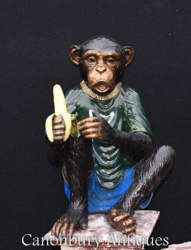 Pair Bronze Monkey Statues Chimpanzee Ape