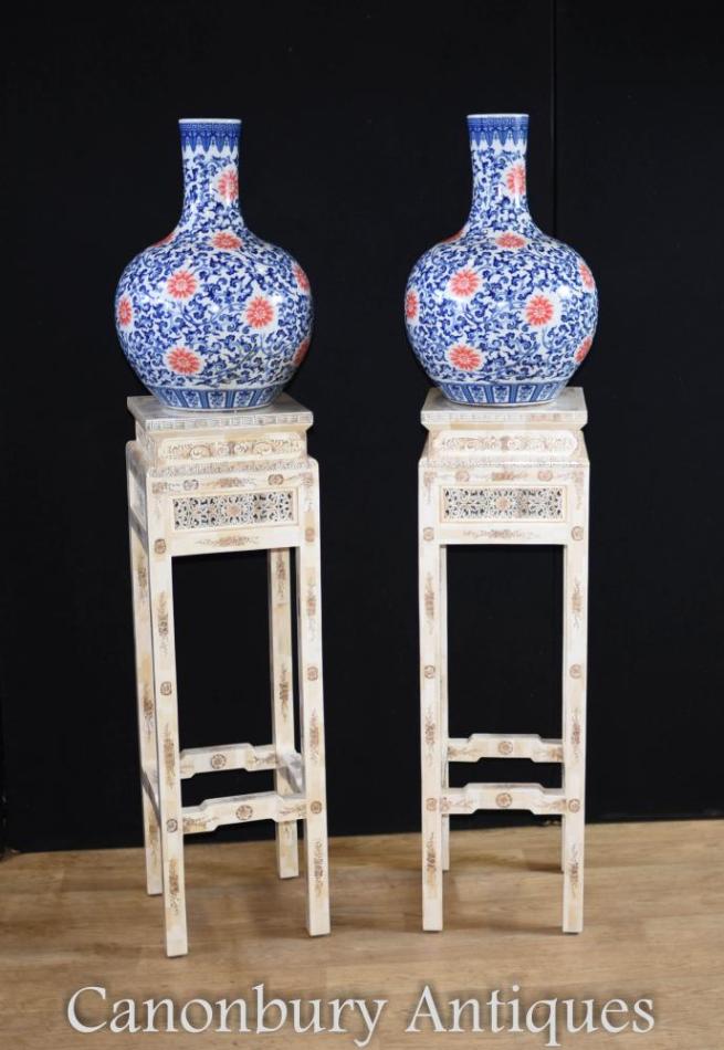 Pair Chinese Bone Carved Pedestal Stand Side TablesPair Chinese Bone Carved Pedestal Stand Side Tables