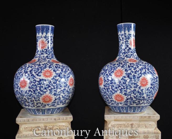 Pair Chinese Ming Porcelain Floral Bulbous Vases Urns