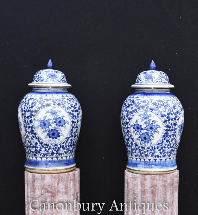 Pair Chinese Nanking Blue and White Porcelain Temple Jars Lidded Urns