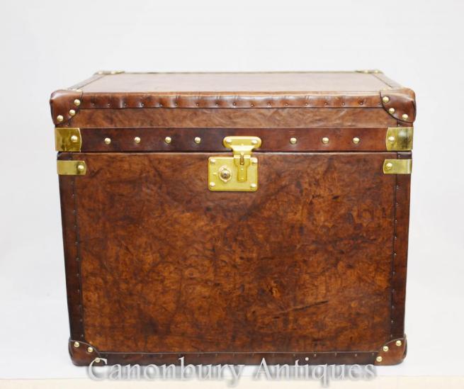 Pair English Leather Steamer Trunk Luggage Boxes Tables