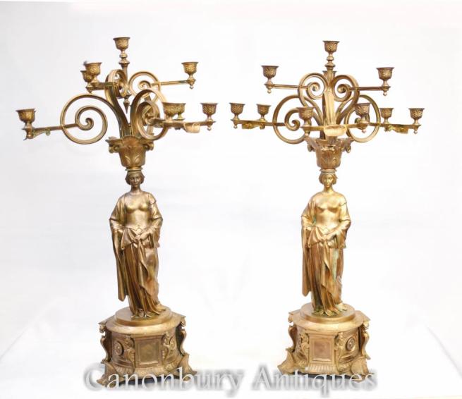 Pair French Empire Gilt Maiden Candelabras Candles