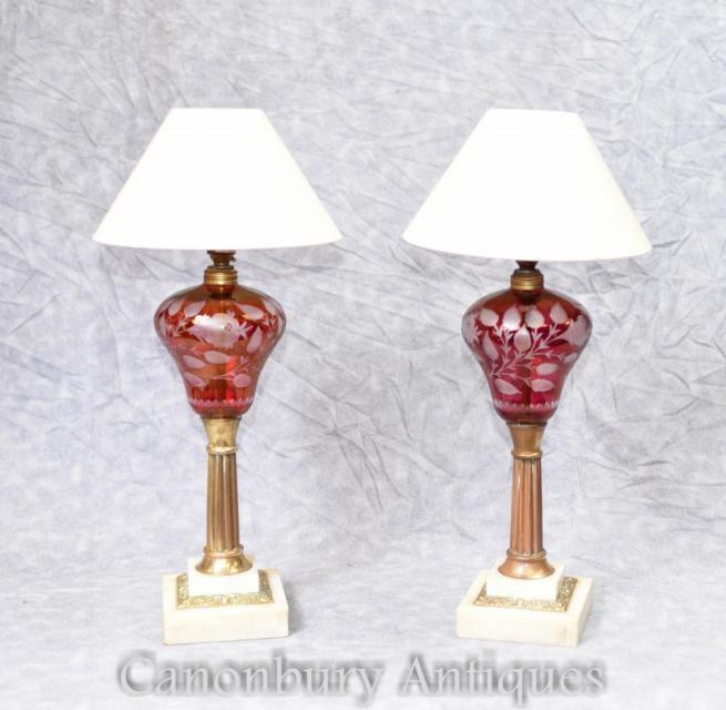 Pair French Empire Glass Marble Table Lamps Lights