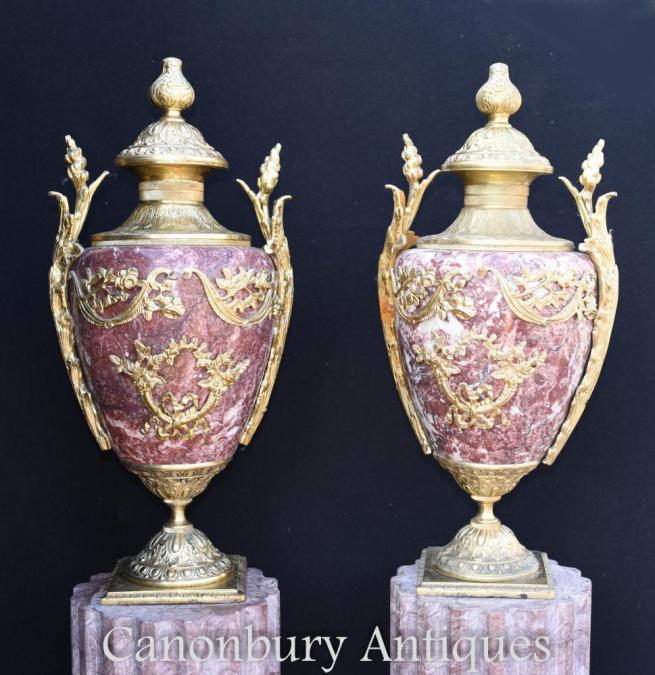 Pair French Empire Marble Amphora Urns Vases Ormolu Fixtures