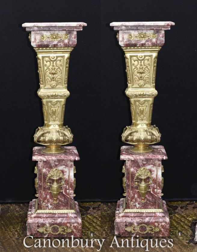Pair French Empire Marble Gilt Pedestal Stand Columns