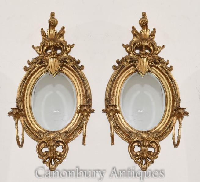 Pair French Louis XVI Gilt Girandoles Mirrors Candelabras